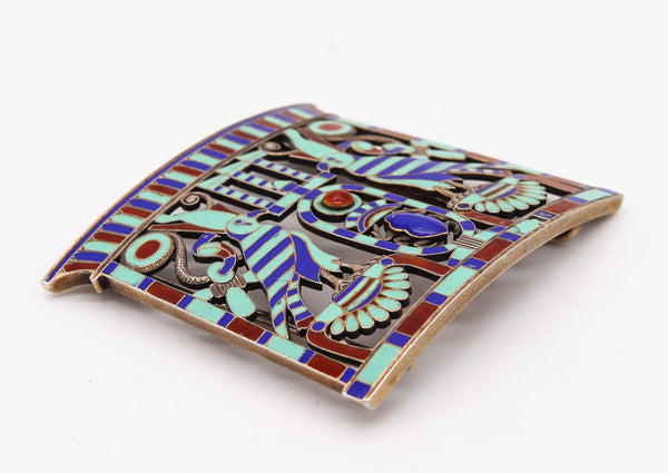 -French 1880 Egyptian Revival Pectoral In Silver With Champleve Cloisonne And Lapis