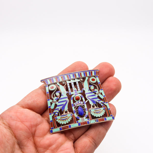 -French 1880 Egyptian Revival Pectoral In Silver With Champleve Cloisonne And Lapis