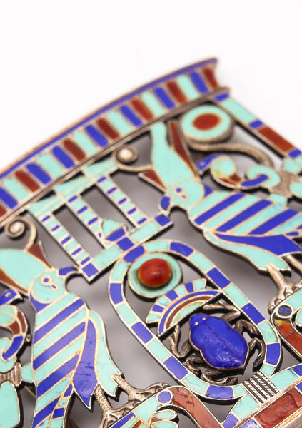 -French 1880 Egyptian Revival Pectoral In Silver With Champleve Cloisonne And Lapis