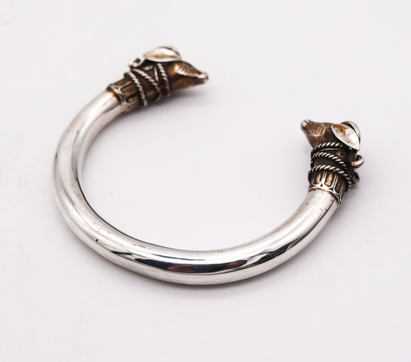 -French Etruscan Revival Rams Bracelet Cuff In Solid .925 Sterling Silver
