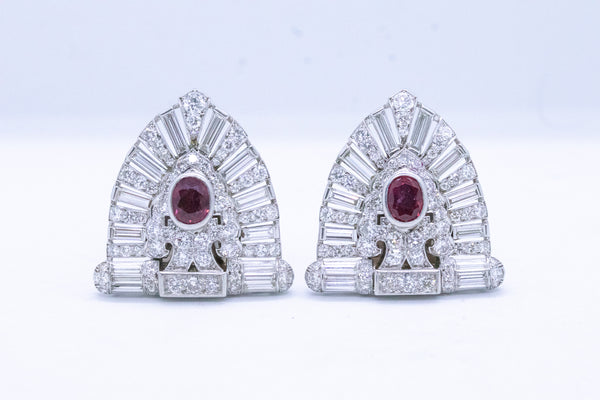 PLATINUM 1930 ART DECO 11.94 Ctw DIAMONDS AND RUBY EAR CLIPS