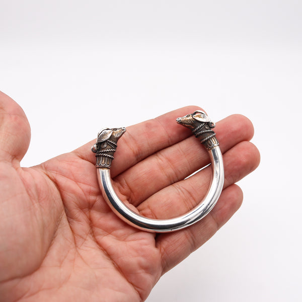 -French Etruscan Revival Rams Bracelet Cuff In Solid .925 Sterling Silver