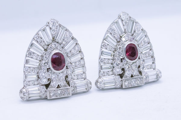 PLATINUM 1930 ART DECO 11.94 Ctw DIAMONDS AND RUBY EAR CLIPS