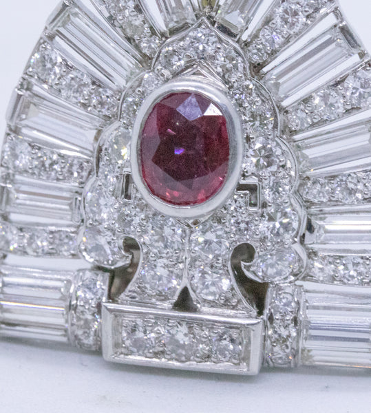 PLATINUM 1930 ART DECO 11.94 Ctw DIAMONDS AND RUBY EAR CLIPS