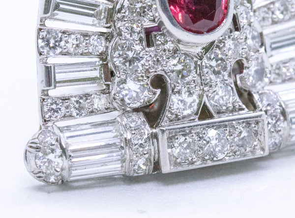 PLATINUM 1930 ART DECO 11.94 Ctw DIAMONDS AND RUBY EAR CLIPS