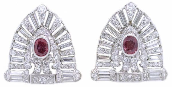 PLATINUM 1930 ART DECO 11.94 Ctw DIAMONDS AND RUBY EAR CLIPS