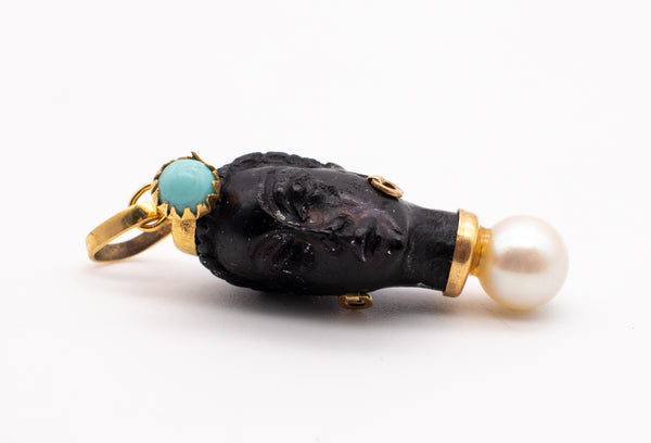 CORLETTO BLACKAMOOR ITALIAN 18 KT GOLD WITH CARVED EBONY, PEARL & TURQUOISE