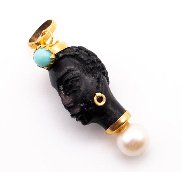 CORLETTO BLACKAMOOR ITALIAN 18 KT GOLD WITH CARVED EBONY, PEARL & TURQUOISE