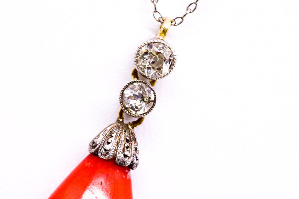 PLATINUM & 18 KT CORAL BRIOLETTE ANTIQUE NECKLACE WITH DIAMONDS