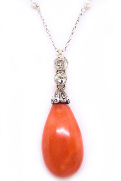 PLATINUM & 18 KT CORAL BRIOLETTE ANTIQUE NECKLACE WITH DIAMONDS