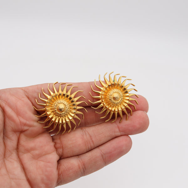 Lalaounis 1970 Hellenistic Sun Burst Clips Earrings In Solid 18Kt Yellow Gold
