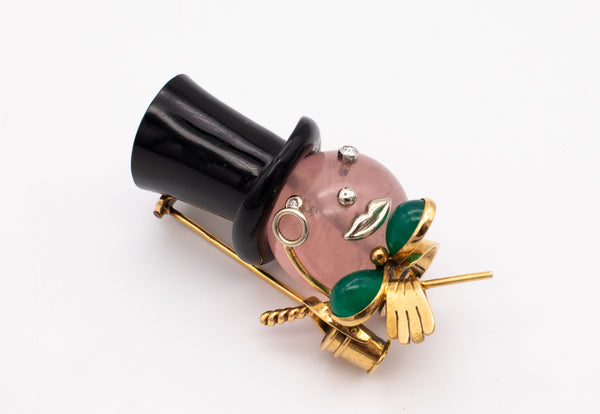 JEAN BOUTON PARIS 1960 MR. MONOPOLY BROOCH 18KT GOLD WITH GEMSTONES