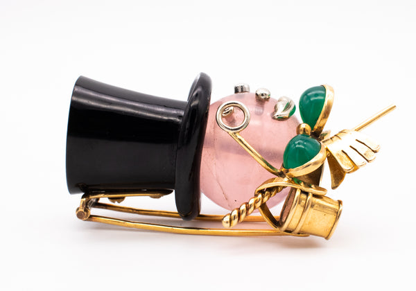 JEAN BOUTON PARIS 1960 MR. MONOPOLY BROOCH 18KT GOLD WITH GEMSTONES