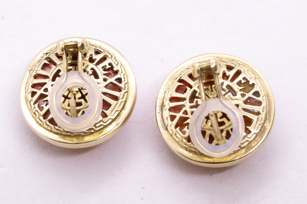 LARGE BUTTON VINTAGE 14 KT EARRINGS WITH PINK CORAL