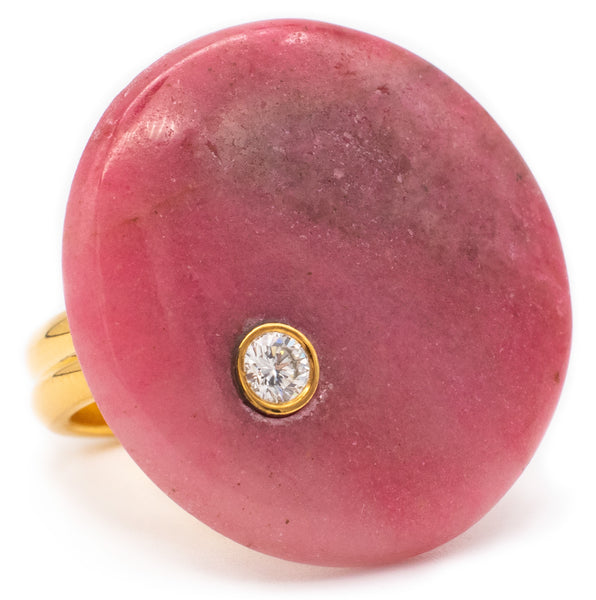 DESIGNER MODERNIST 14 KT GEOMETRIC RING WITH A DIAMOND AND RHODOCHROSITE