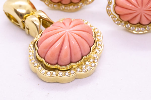 EARRINGS & PENDANT 18 KT SET WITH SCALLOPED CORAL AND 1.53 Cts DIAMONDS