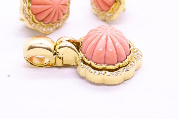 EARRINGS & PENDANT 18 KT SET WITH SCALLOPED CORAL AND 1.53 Cts DIAMONDS