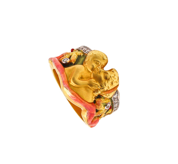 Masriera Art Nouveau Plique à Jour Enamel Ring In 18Kt Yellow Gold With VS Diamonds