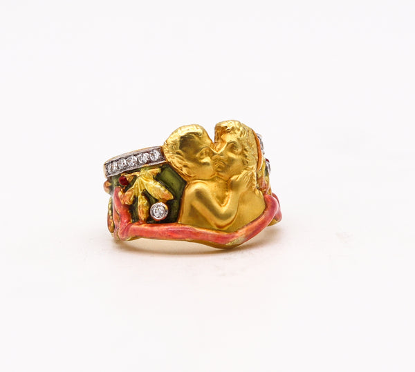 Masriera Art Nouveau Plique à Jour Enamel Ring In 18Kt Yellow Gold With VS Diamonds