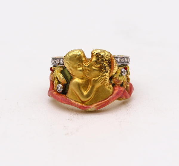 Masriera Art Nouveau Plique à Jour Enamel Ring In 18Kt Yellow Gold With VS Diamonds
