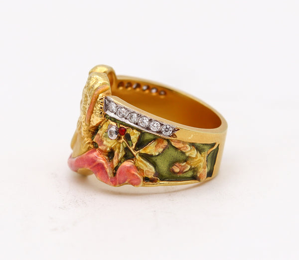 Masriera Art Nouveau Plique à Jour Enamel Ring In 18Kt Yellow Gold With VS Diamonds