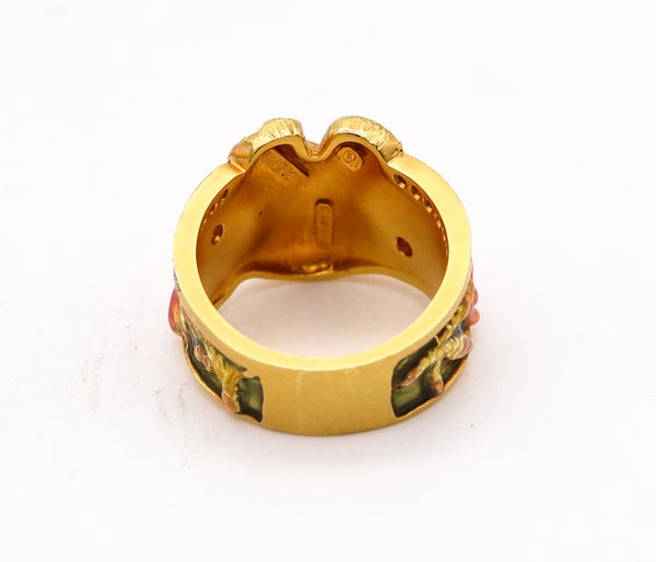 Masriera Art Nouveau Plique à Jour Enamel Ring In 18Kt Yellow Gold With VS Diamonds