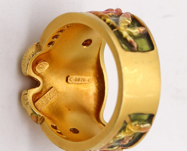 Masriera Art Nouveau Plique à Jour Enamel Ring In 18Kt Yellow Gold With VS Diamonds