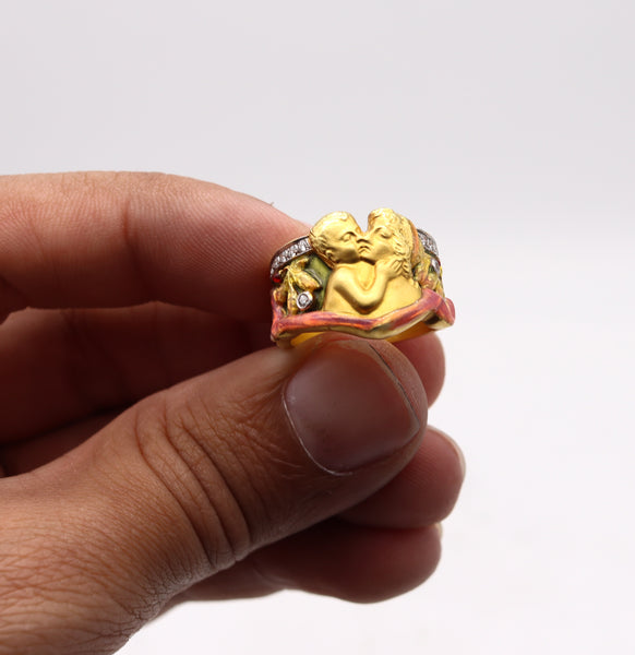 Masriera Art Nouveau Plique à Jour Enamel Ring In 18Kt Yellow Gold With VS Diamonds