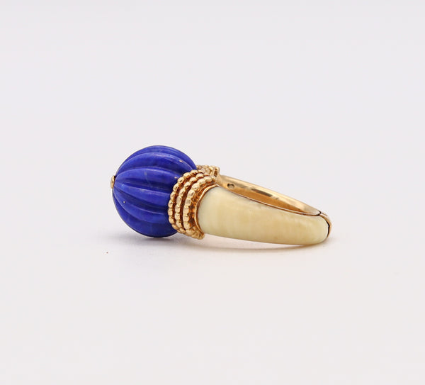 Boucheron Paris 1970 Classic Cocktail Ring In 18Kt Yellow Gold With Blue Lapis & Coral