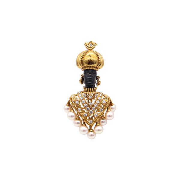 Nubian Prince Gem Set Brooch Pendant In 18Kt Gold With 2.76 Ctw In Diamonds And Pearls
