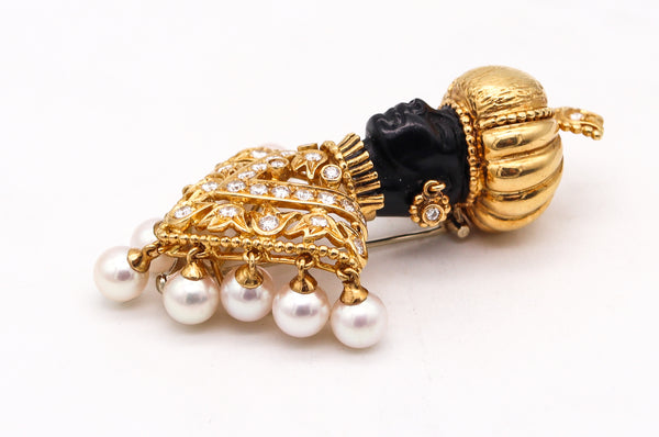 Nubian Prince Gem Set Brooch Pendant In 18Kt Gold With 2.76 Ctw In Diamonds And Pearls