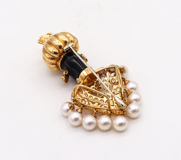 Nubian Prince Gem Set Brooch Pendant In 18Kt Gold With 2.76 Ctw In Diamonds And Pearls