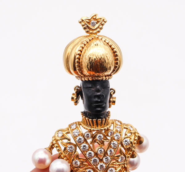 Nubian Prince Gem Set Brooch Pendant In 18Kt Gold With 2.76 Ctw In Diamonds And Pearls