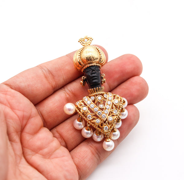Nubian Prince Gem Set Brooch Pendant In 18Kt Gold With 2.76 Ctw In Diamonds And Pearls