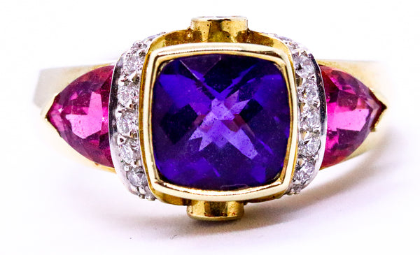 COLORFUL 14 KT GOLD RING WITH 3.96 Cts DIAMONDS, AMETHYST & TOURMALINE