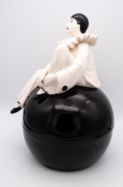 FRANCE 1950 CERAMIC RECIPIENT BOX WITH A SEATED HARLEQUIN CLOWN