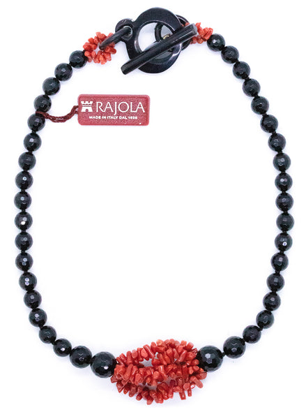 RAJOLA ITALY 18 KT RED CORAL, ONYX AND HORN NECKLACE