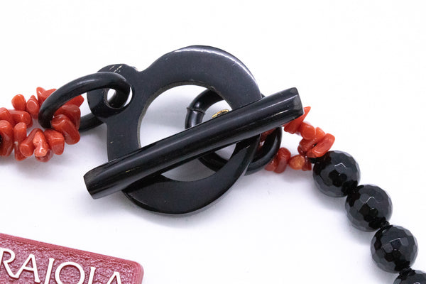 RAJOLA ITALY 18 KT RED CORAL, ONYX AND HORN NECKLACE