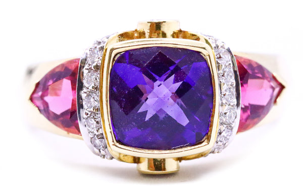 COLORFUL 14 KT GOLD RING WITH 3.96 Cts DIAMONDS, AMETHYST & TOURMALINE