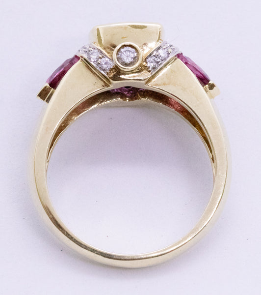 COLORFUL 14 KT GOLD RING WITH 3.96 Cts DIAMONDS, AMETHYST & TOURMALINE