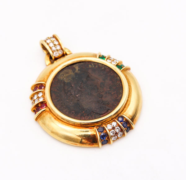 Ancient Roman Coin Pendant In 18Kt Gold With 3.97 Ctw In Diamonds Rubies Sapphires And Emeralds