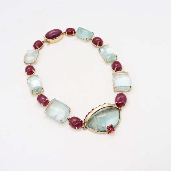 Seaman Schepps 1970 Retro Necklace In 14Kt Gold With 384.37 Ctw In Rubies & Aquamarines