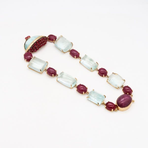 Seaman Schepps 1970 Retro Necklace In 14Kt Gold With 384.37 Ctw In Rubies & Aquamarines