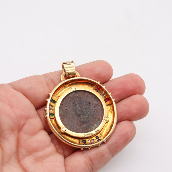 Ancient Roman Coin Pendant In 18Kt Gold With 3.97 Ctw In Diamonds Rubies Sapphires And Emeralds