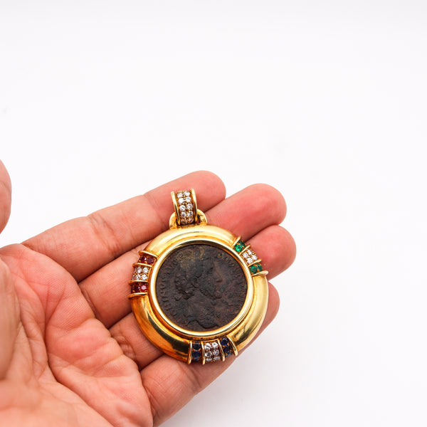 Ancient Roman Coin Pendant In 18Kt Gold With 3.97 Ctw In Diamonds Rubies Sapphires And Emeralds