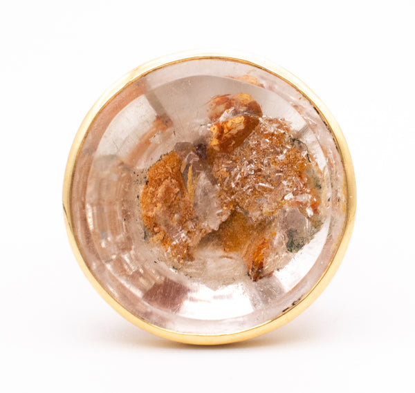 GERMAN 1970'S GEOMETRIC 18 KT KINETIC  SPINNING RING WITH A 25 Cts SAGENITIC QUARTZ