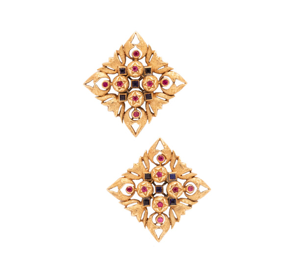Italian Florentine Renaissance Clips Earrings In 18Kt Yellow Gold With Rubies And Sapphires
