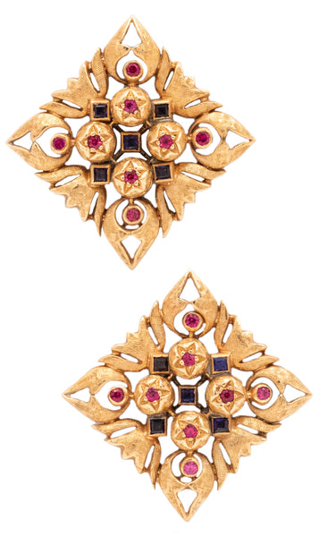 Italian Florentine Renaissance Clips Earrings In 18Kt Yellow Gold With Rubies And Sapphires
