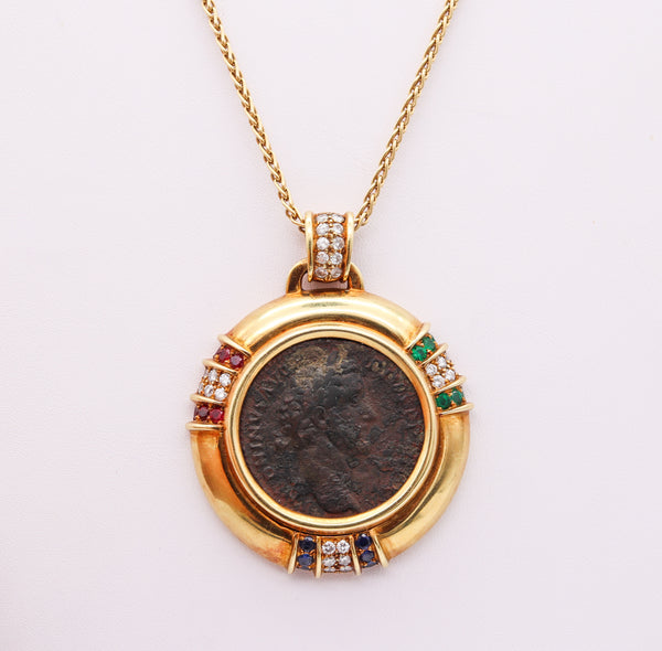 Ancient Roman Coin Pendant In 18Kt Gold With 3.97 Ctw In Diamonds Rubies Sapphires And Emeralds