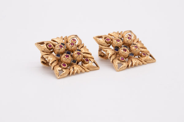 Italian Florentine Renaissance Clips Earrings In 18Kt Yellow Gold With Rubies And Sapphires